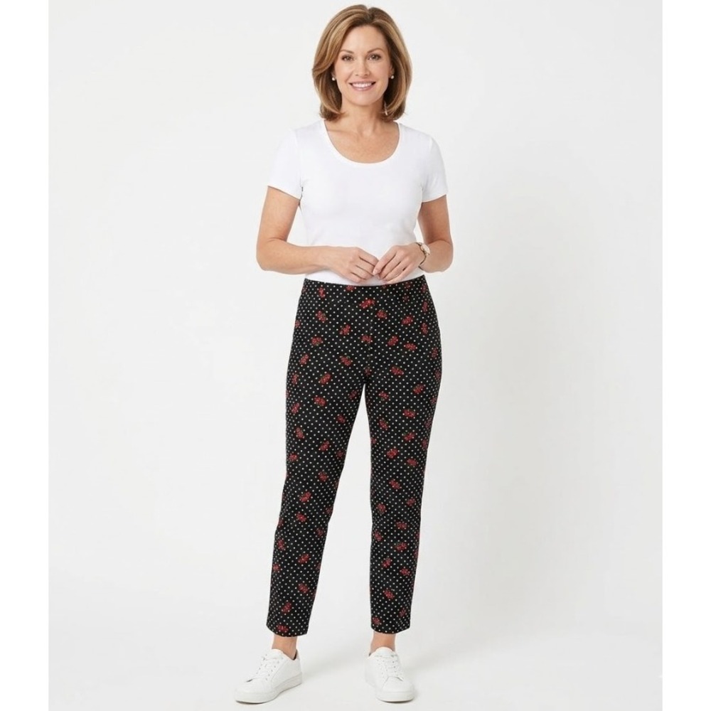 New Liz Claiborne size 10 Emma Black Polka Dot Floral Classic Ankle Pants Office